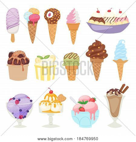 Set of different ice cream isolatedon white background cartoon dessert vector illustration. Glasses icecream tasty food