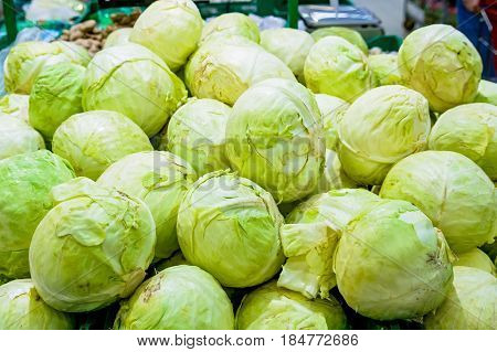 Close up green cabbage heads in shop for background texture