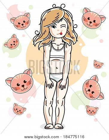 Pretty little fair-haired girl in underwear standing on animals background. Vector pretty nice human illustration.