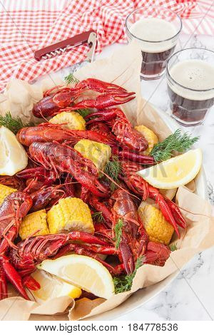 Boiled crawfish with dill and fresh lemon