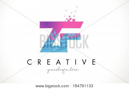 Zf Z F Letter Logo With Shattered Broken Blue Pink Texture Design Vector.