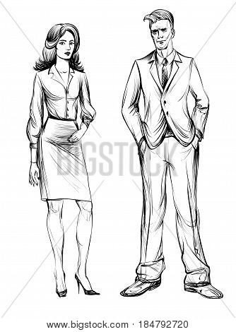 Man and Woman sketch. Hand drawn illustration. Business people. Business man and business woman. Stylized line.