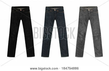 three womens jeans pants in black blue and grey isolated on white background