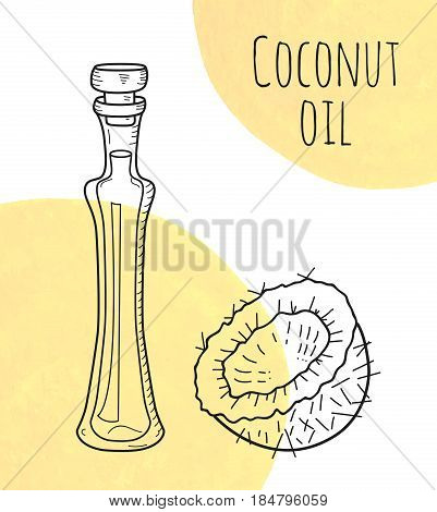 Hand drawn coconut oil bottle with creme watercolor spots. Isolated cute bottle with healthy cooking oil and coconut. Sketchy doodle illustration for aroma therapy, cosmetic, restaurant, organic shop.