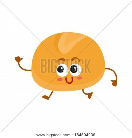 Funny English bun character with smiling human face, cartoon vector illustration isolated on a white background. Soft and crispy breakfast, burger, hamburger bun character with smiling face