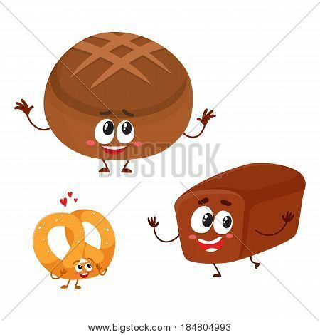 Funny brick and round loaves of whole wheat, dark, brown bread characters with smiling human faces, cartoon vector illustration isolated on a white background. Two bown bread loaf characters, mascots