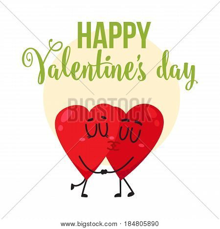 Valentine day greeting card, postcard, banner design with two kissing heart characters, cartoon vector illustration. Valentine day greeting card design with two heart characters kissing each other