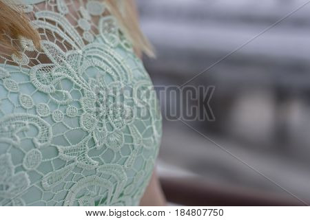 blonde girl and menthol dress detail ...