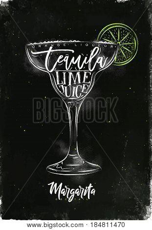 Margarita cocktail lettering orange liqueur tequila lime juice in vintage graphic style drawing with chalk and color on chalkboard background