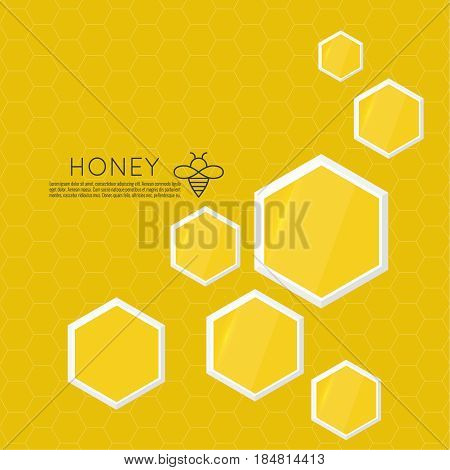 Vector icon honeycomb. Abstract background with yellow honey comb. Hexagon and drop. isolated illustration. Contemporary modern style design. Flying honeybee. Bee insect.