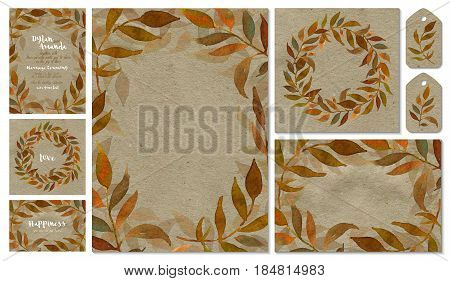 Set of cards and elements for your design on cardboard background with watercolor leaves. There are three examples of text placement.