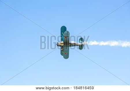 Samara Russia - April 30 2017: Retro Russian aeroplane Polikarpov PO-2 in the blue sky