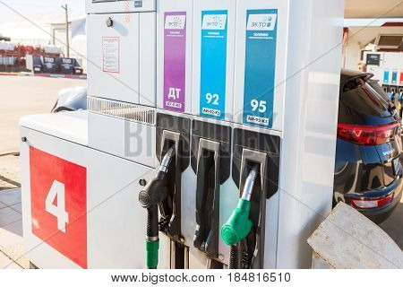 Samara Russia - April 30 2017: Filling the column with different fuels at the gas station Lukoil. Lukoil is one of the russian oil companies