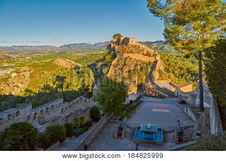 Beautiful Splashing fountain in Xativa Castle of Spain at Sunset