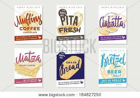 Hand drawn fresh bread posters with inscriptions and organic bakery and pastry products vector illustration