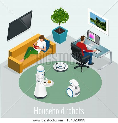 Isometric robots housework and technology concept. Woman with tablet and man with pc computer and robots at home.