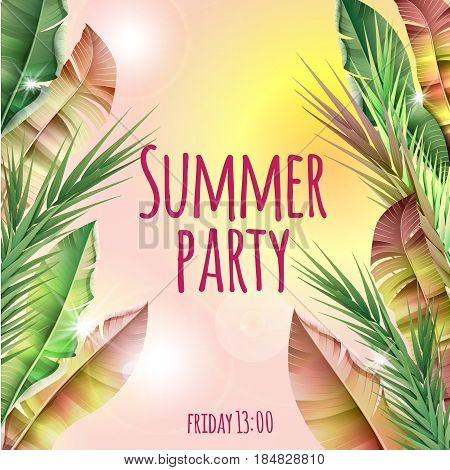 Light summer party tropical botanical template with realistic banana palm leaves on blurred background vector illustration