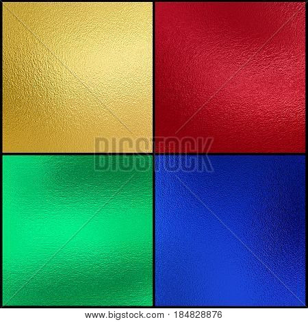 Set of gold red green blue foil texture, metallic decorative background