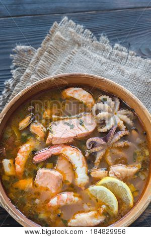 Bowl of Bouillabaisse - french soup with seafood
