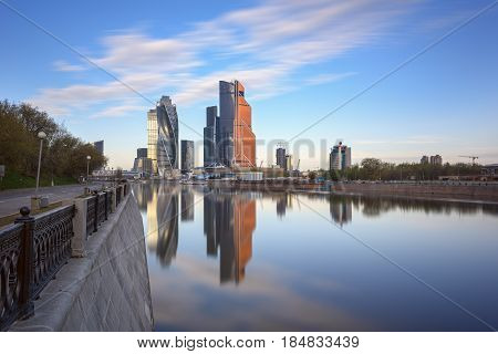MOSCOW/ RUSSIA - MAY 1, 2017. Moscow International Business Center as seen from the embankment of Taras Shevchenko. Moscow, Russia