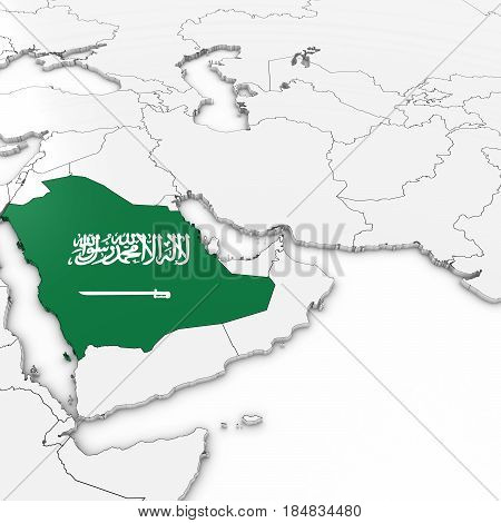 3D Map Of Saudi Arabia With Saudi Arabian Flag On White Background 3D Illustration