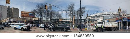 BRONX NEW YORK USA - APRIL 10: A counter terrorism barrier is set up at an intersection during the Yankees opening game. Taken April 10 2017 in New York.