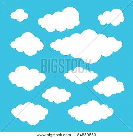 White cloud symbols isolated on blue background. Vector signs set