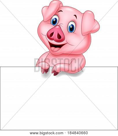 Vector illustration of Cartoon pig holding blank sign