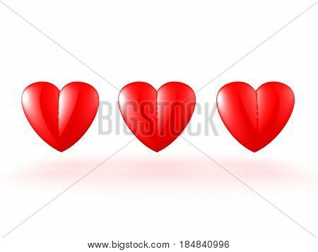 3D illustration of three red hearts. The hearts are shiny.
