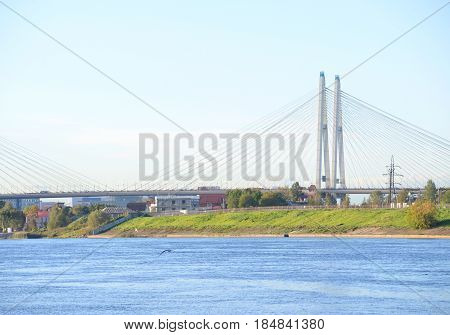 The Great Obukhov cable-stayed bridge and Neva River in St.Petersburg Russia.