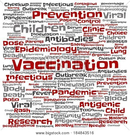 Concept or conceptual children vaccination viral prevention square word cloud isolated background. Collage of infectious antigenic flu antibodies, epidemiology immunization or inoculation text