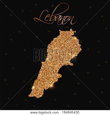 Lebanon Map Filled With Golden Glitter. Luxurious Design Element, Vector Illustration.