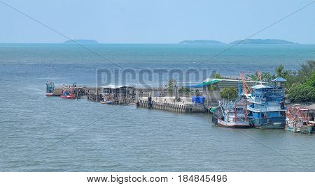 Rayong THAILAND -APR 17 2017:Pra-Sae Sea Port Rayong province For shipping. at the bridge for see view fishing village there are also small fishing boats.