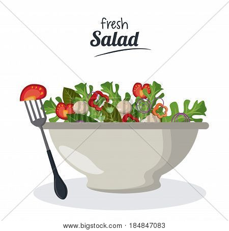 fresh salad bowl with vegetables menu meat fork vector illustration