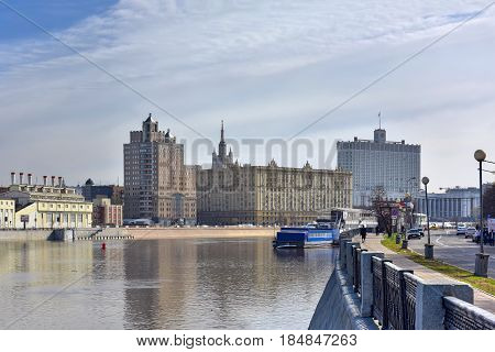 MOSCOW/ RUSSIA - MAY 1, 2017. Krasnopresnenskaya embankment and Moskva-river as seen from the embankment of Taras Shevchenko. Moscow, Russia. Moscow, Russia