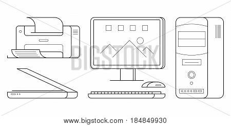 Set of computer office equipment: scanner and printer, desktop PC with keyboard and mouse. Simple icons of gadgets in outline style. Vector thin line black illustrations isolated on white background.