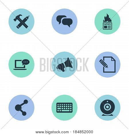 Vector Illustration Set Of Simple Blogging Icons. Elements Loudspeaker, Broadcast, Laptop And Other Synonyms Hot, Repair And Pencil.