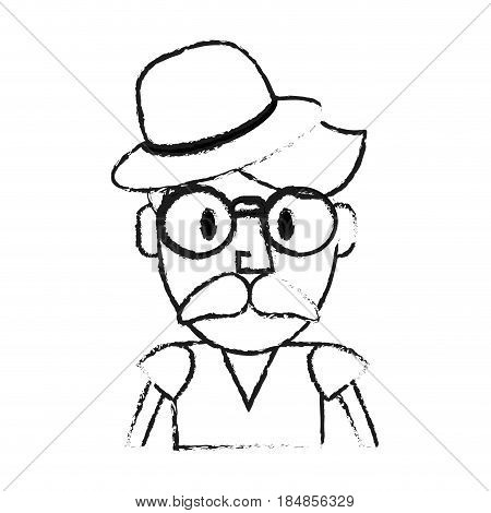 blurred silhouette half body caricature old man bearded with small hat vector illustration