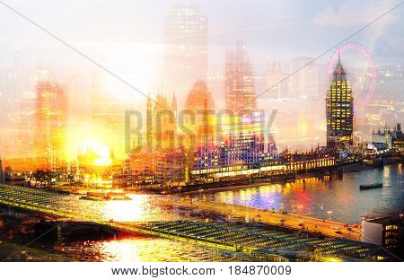 City of London multiple  exposure image includes skyscrapers of business district, Big Ben, London eye and River Thames at sunset. UK