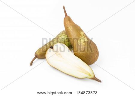 Three Abate Fetel pears isolated on white background. Close up.