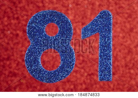 Number eighty-one blue color over a red background. Anniversary. Horizontal