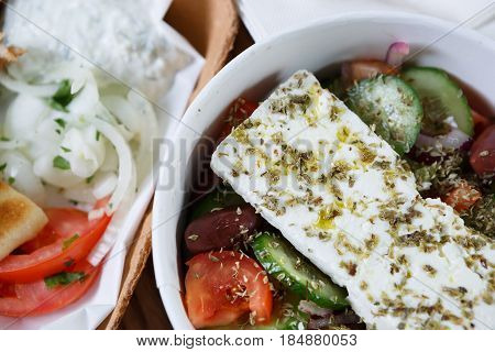 Fresh Natural Vegeterian Greek Salad With Olives & Feta Cheese