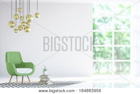 Modern white living room with green armchair 3d rendering image. Focus at armchair There are large window overlooking to nature and forest