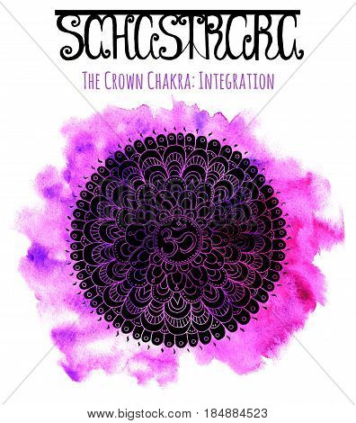 Black silhouette of the crown chakra on lilac background with lettering. Hand drawn watercolor and graphic illustration, esoteric drawings