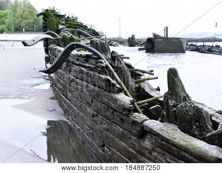 Old, stranded shipwreck on the beach with weathered wood. Close-up of an ancient ship wreckage. Beach scene. Hamburg ,elbe river.