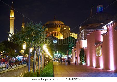 The Night View Of Walkway To Hagia Sophia  Throught The Sultan Ahmet Park, Istanbul