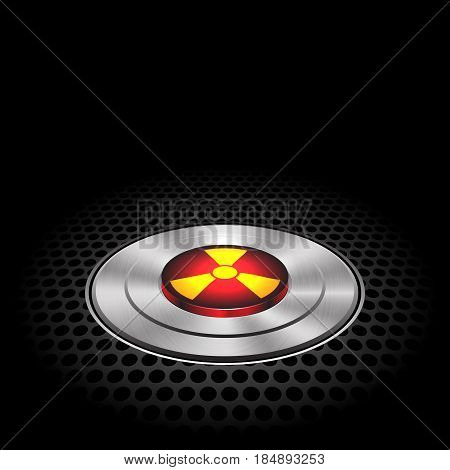Technology nuclear button on metal dark gray mesh pattern design icon vector illustration.