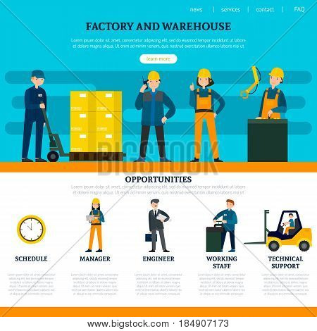 Flat industrial website template with factory and warehouse staff technical equiment transport vector illustration