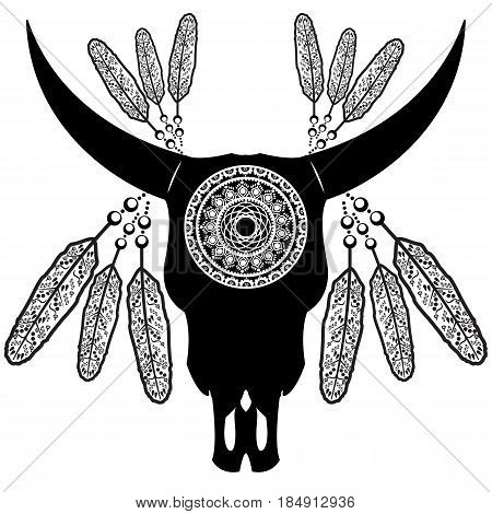 Wild animal skull in black and white Aztec style feathers,  inspired by hand drawn art and native American people tattoos and art with manadala decoration on white  background