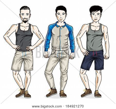 Confident handsome men standing wearing stylish sport clothes. Vector diverse people illustrations set.